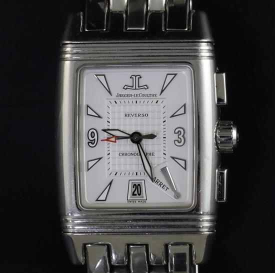 A gentlemans modern stainless steel Jaeger LeCoultre Gran Sport Chronograph Reverso manual wind wrist watch,